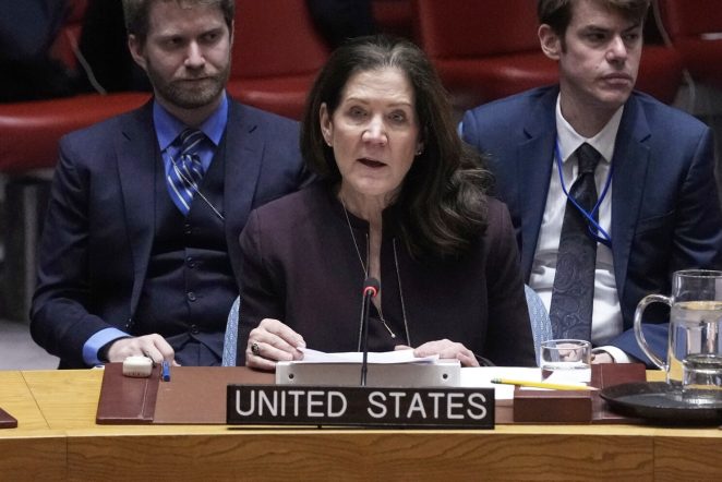 FILE - United States UN Ambassador Dorothy Shea addresses the United Nations Security Council, March 24, 2025. (AP Photo/Richard Drew, File)